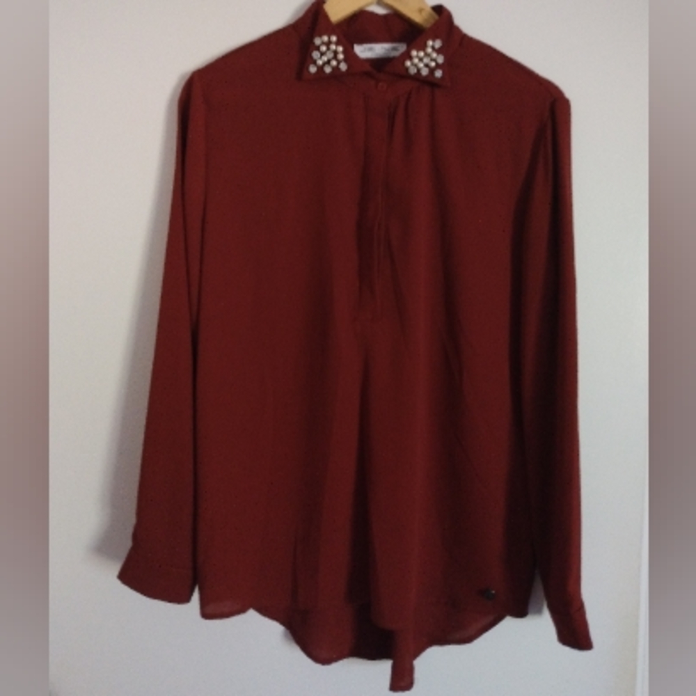 Burdundy Blouse with Pearl and Diamond Embellishments